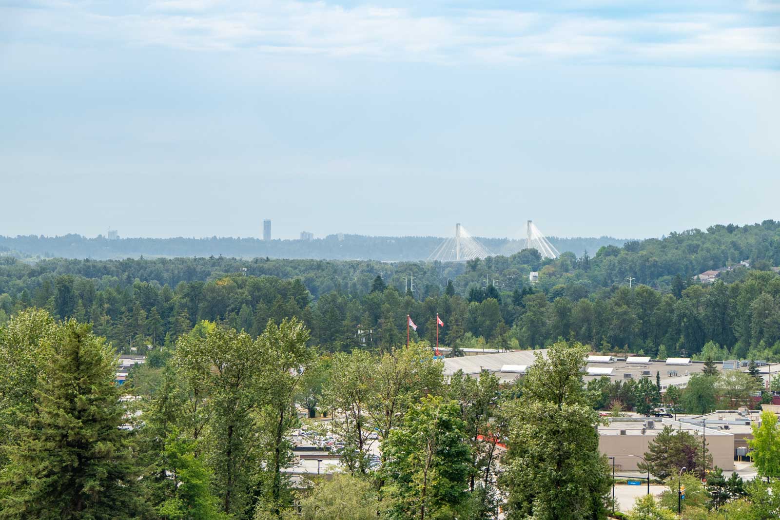 View from 1148 Heffley Crescent, 1st Floor in Coquitlam: forested area, commercial buildings, and a distant cable-stayed bridge.