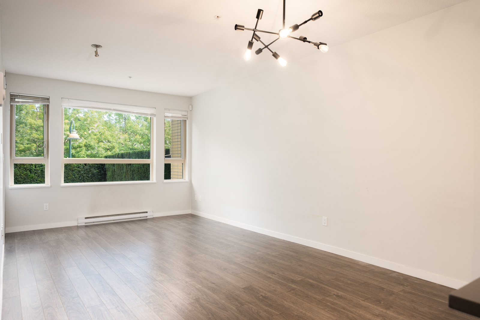 Unfurnished room in North Vancouver near Mountain Hwy, with large windows, white walls, wood floor, and black ceiling light.