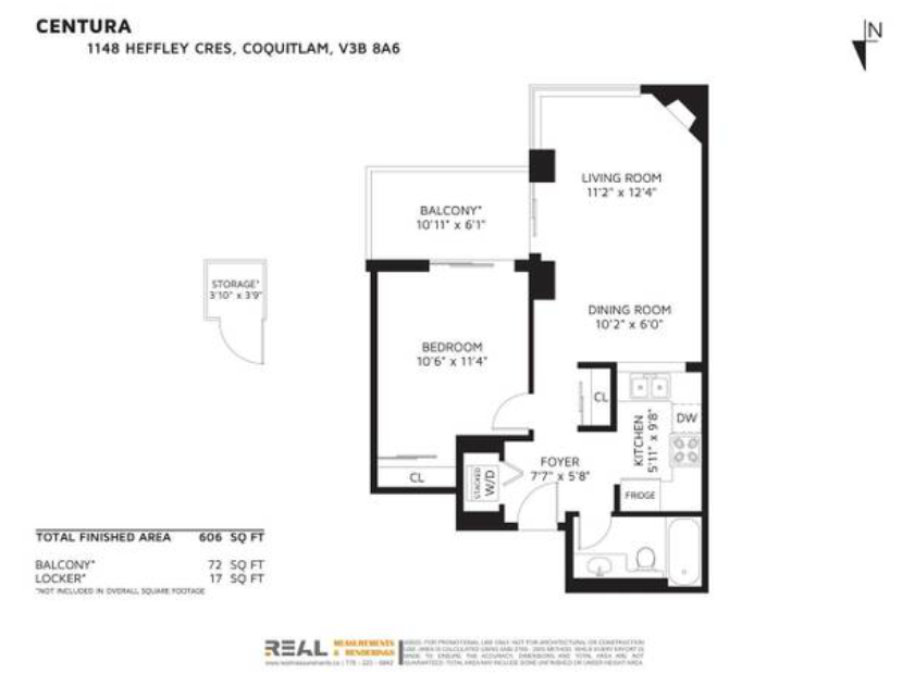 Black and white floor plan of a 1-bed, 1-bath, 606 sq ft apartment on the 1st floor at 1148 Heffley Crescent, Coquitlam.