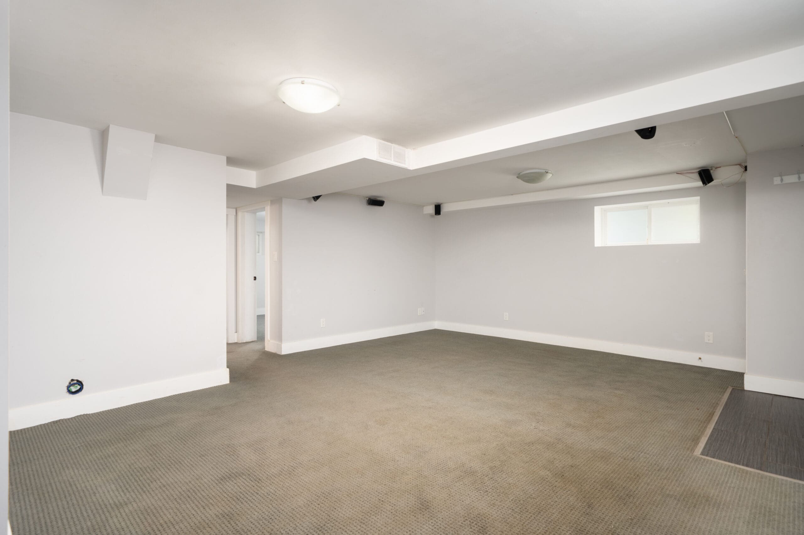 Empty basement room with light gray walls, low ceiling with ceiling lights, small window, and carpeted floor. Doorway visible on the left wall.