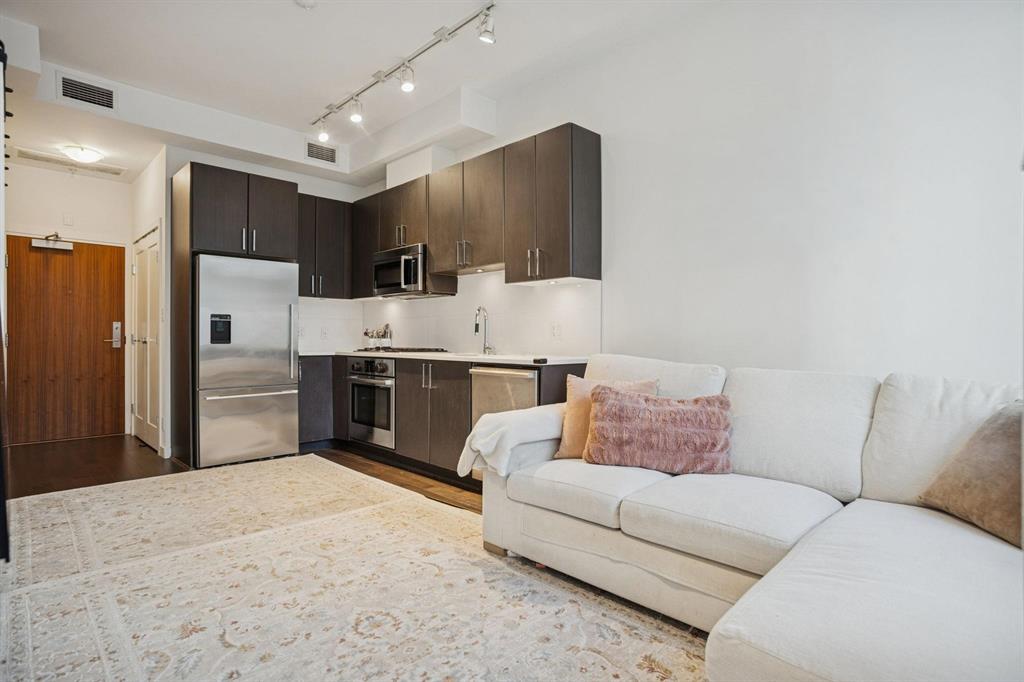 Modern studio apartment with dark kitchen cabinets, stainless appliances, white sofa, and light patterned rug on dark wood floors.