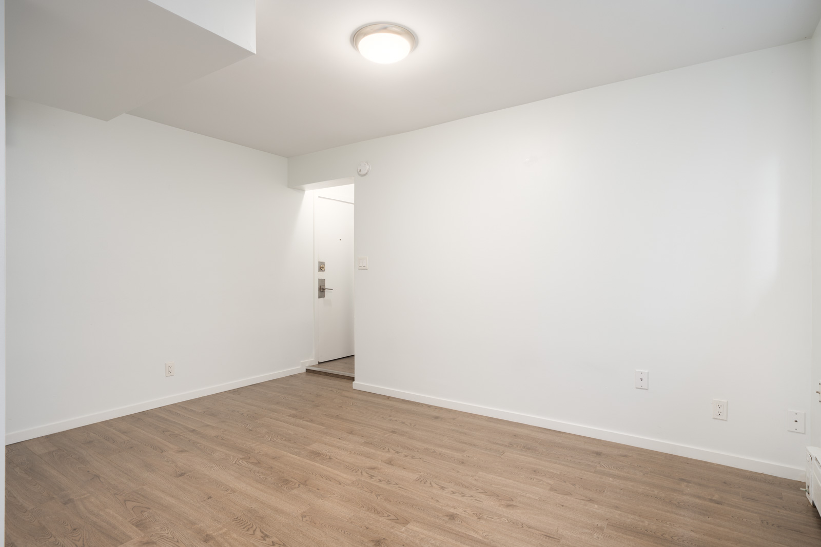 Empty room with white walls, closed white door, wood floors, ceiling light, and outlets. Lower Floor, 1445 W 11th Ave, Vancouver.