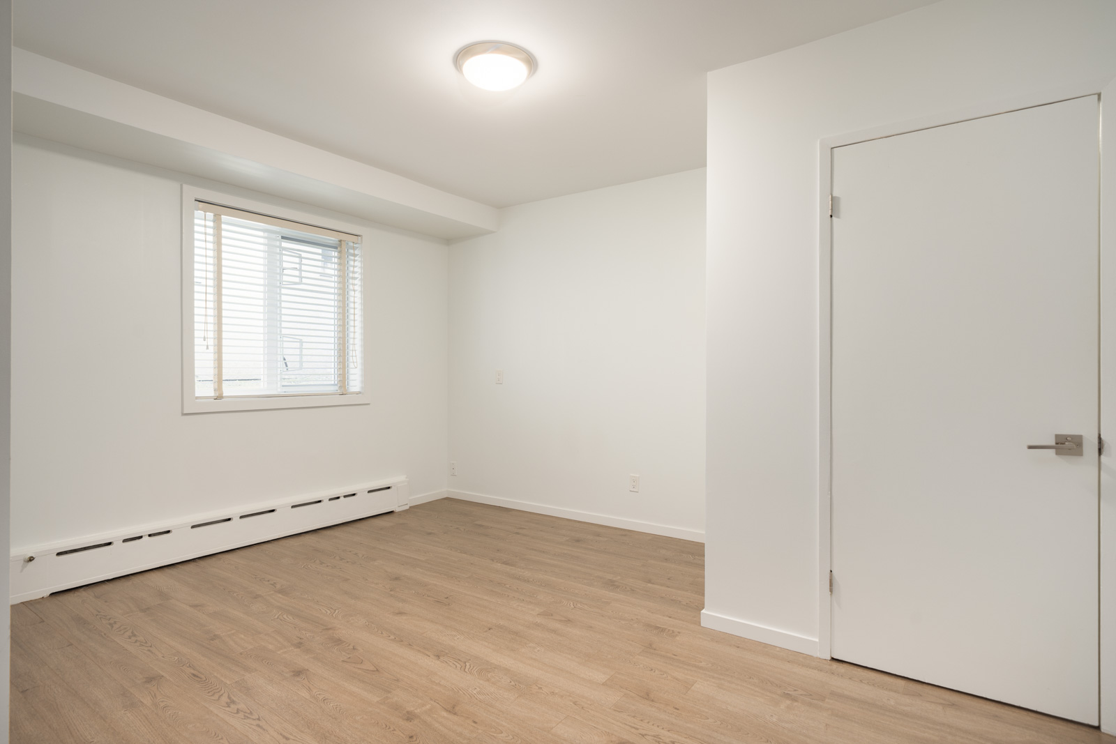 Empty lower-floor room at 1445 W 11th Ave, Vancouver, with light wood floors, white walls, a closed door, window blinds, and ceiling light.