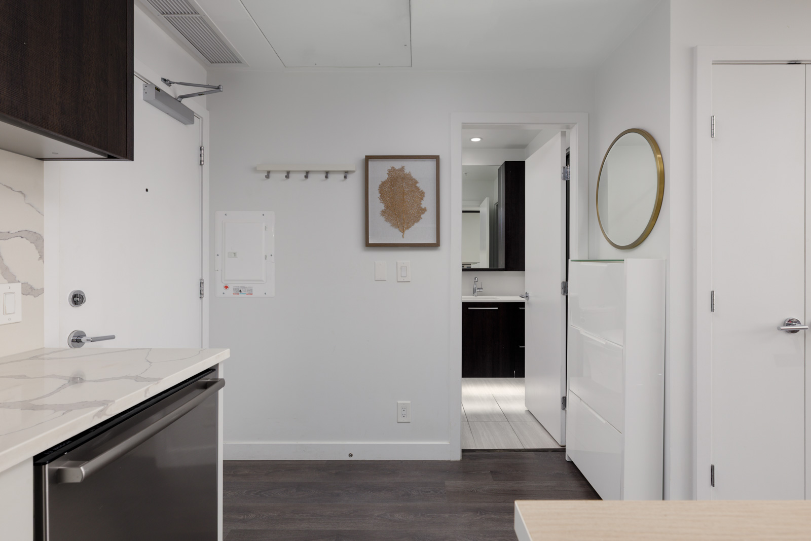 Modern apartment at 567 Clarke Rd, Coquitlam with white walls, dark wood floors, marble counters, wall art, and a round mirror.