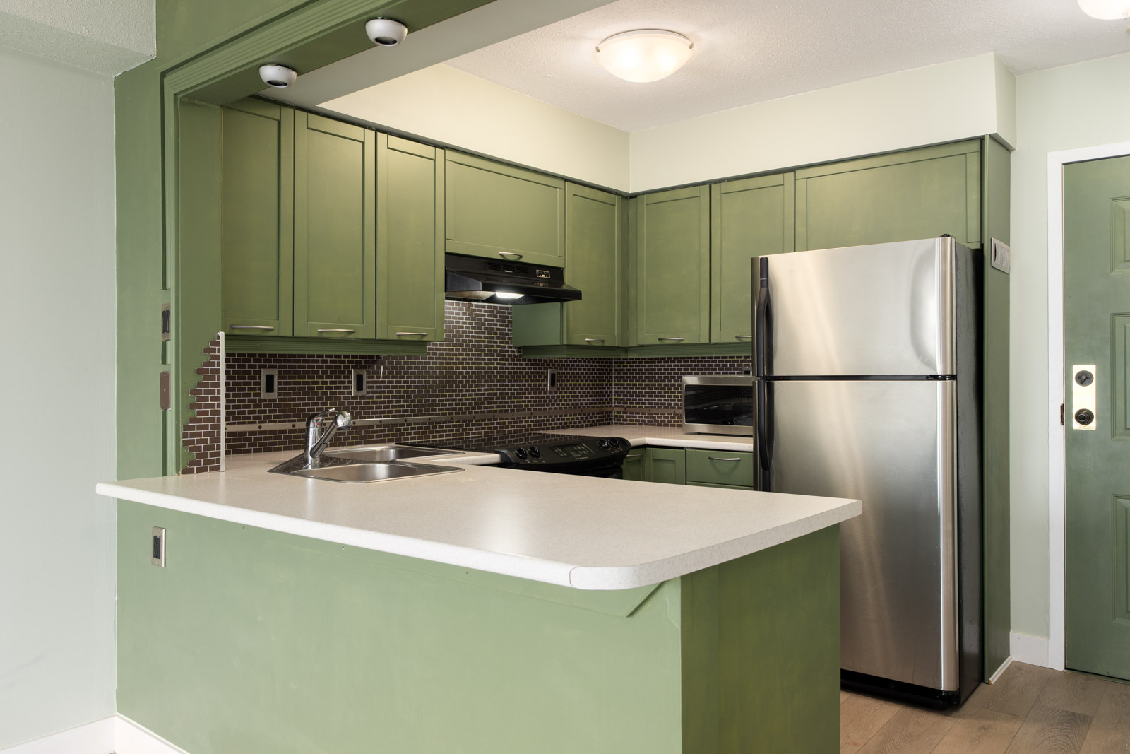 Compact kitchen at 1099 E Broadway, Vancouver, with green cabinets, stainless appliances, white counters, tile backsplash, and double sink.