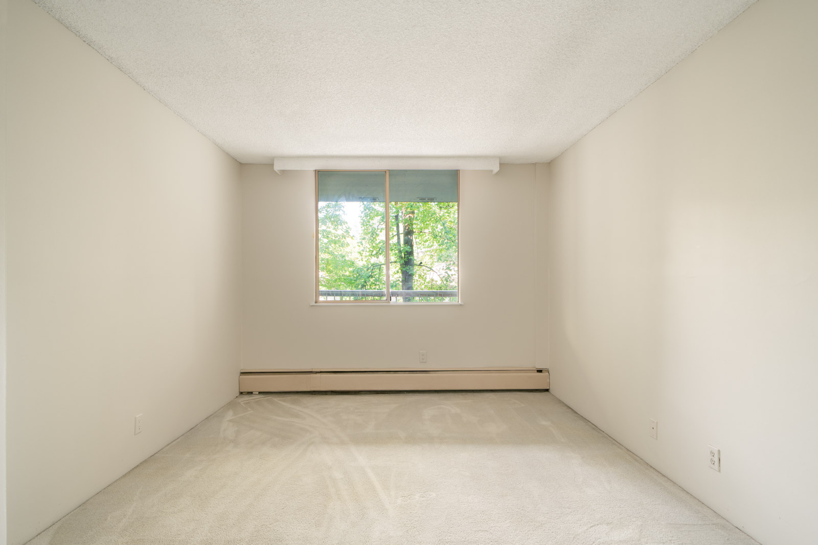 Unfurnished room with beige carpet, off-white walls, and a large window overlooking greenery on Fullerton Ave in Vancouver.