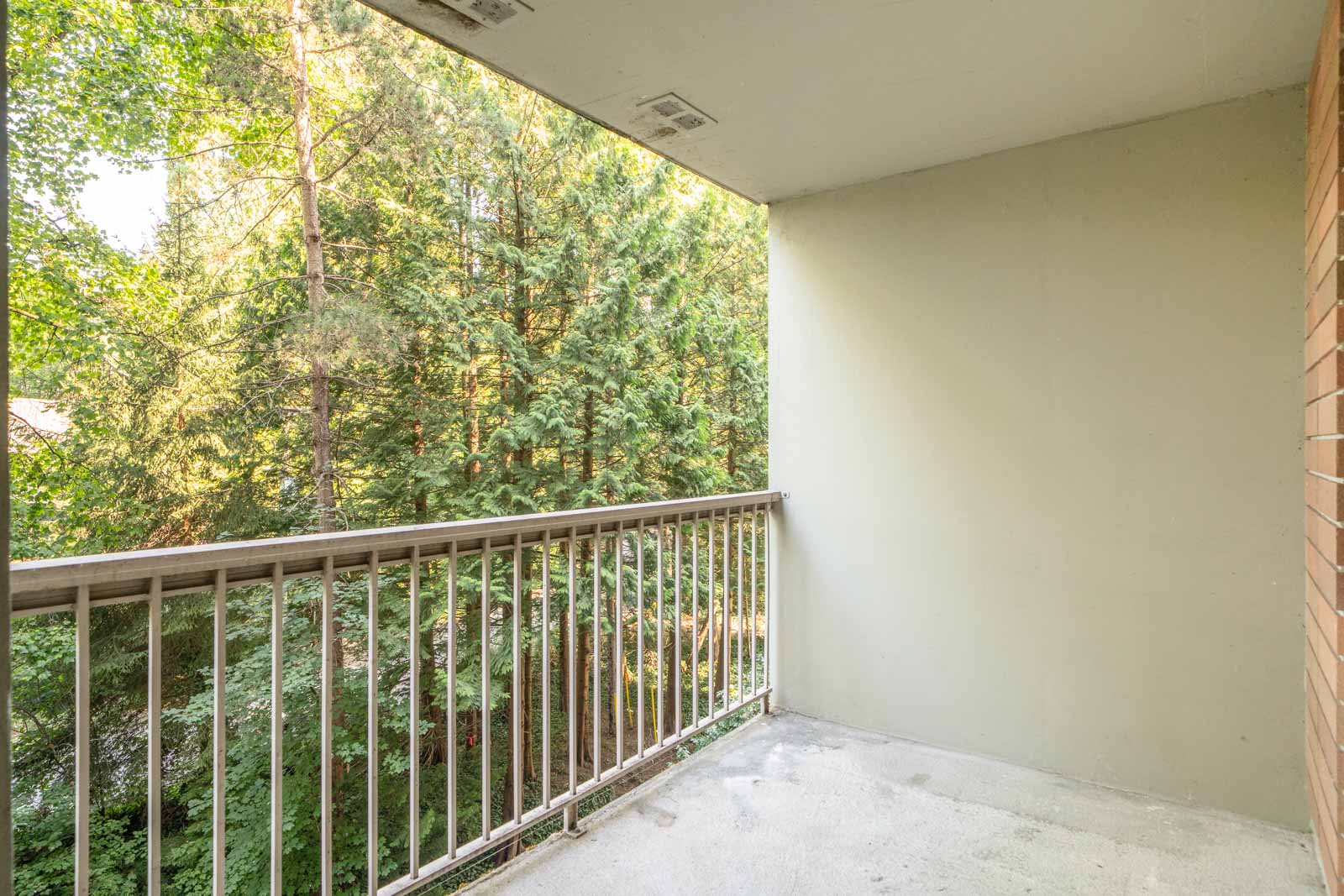 A bare concrete balcony with a metal railing overlooks dense trees from the 5th floor on Fullerton Ave, Vancouver.