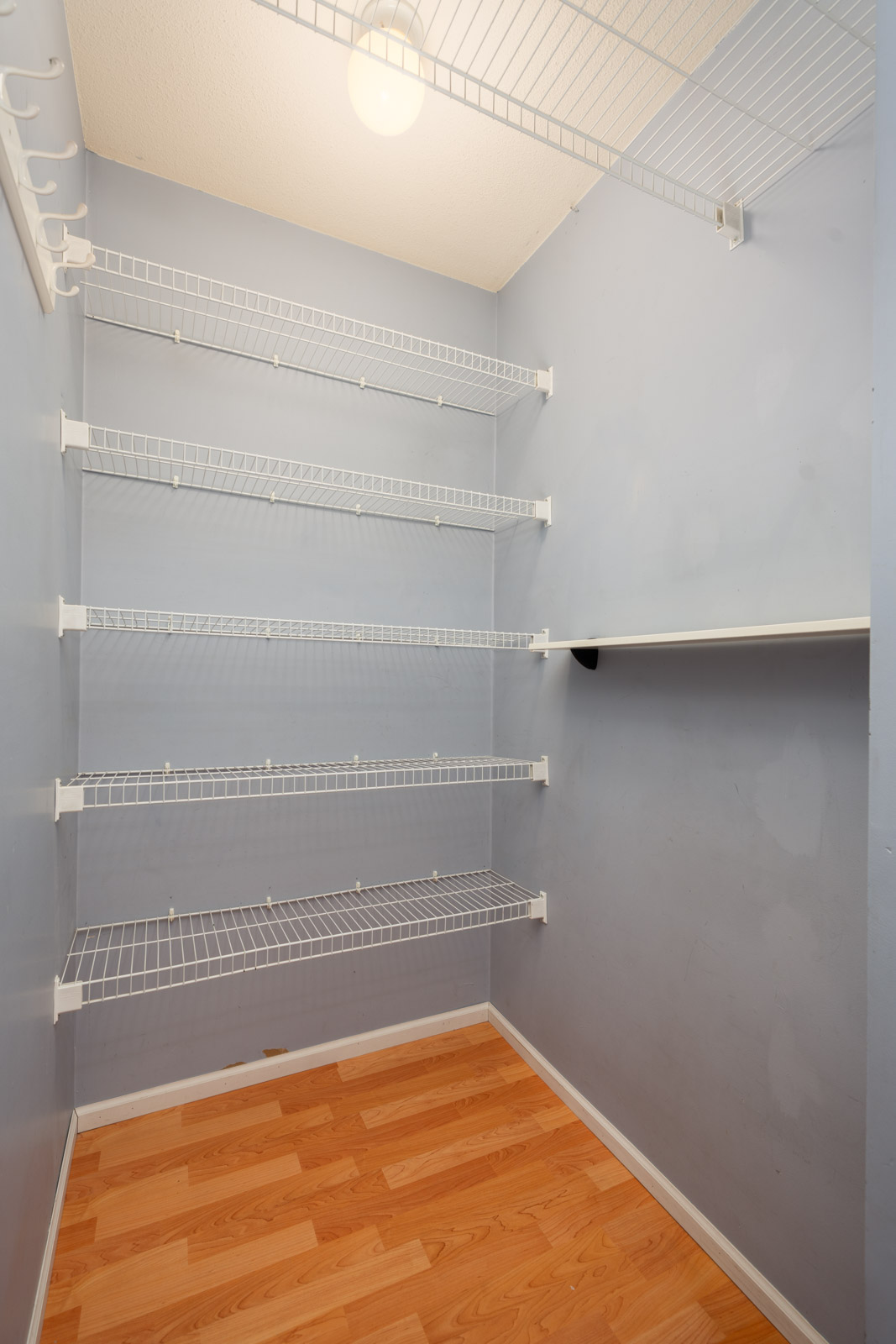 Walk-in closet with light blue walls, five white wire shelves, left wall hooks, ceiling bulb, and wood-look laminate flooring in Vancouver.