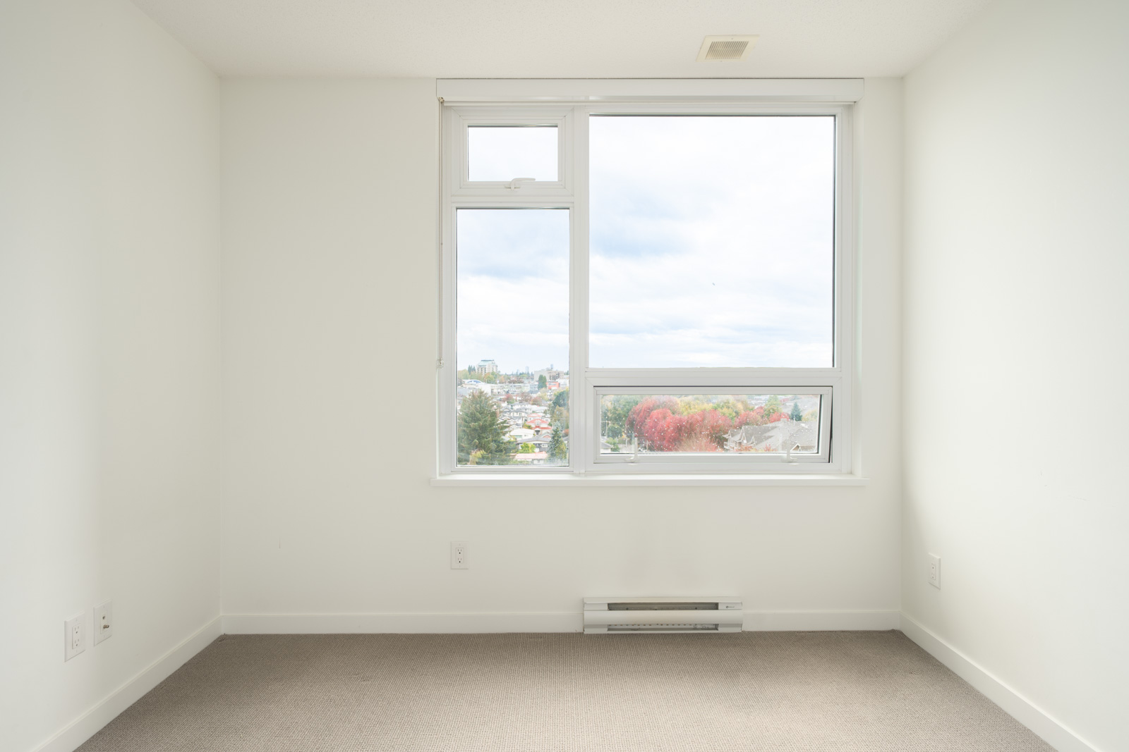 Empty white-walled room with beige carpet, large window showing Boundary Rd Vancouver and trees, baseboard heater below window.