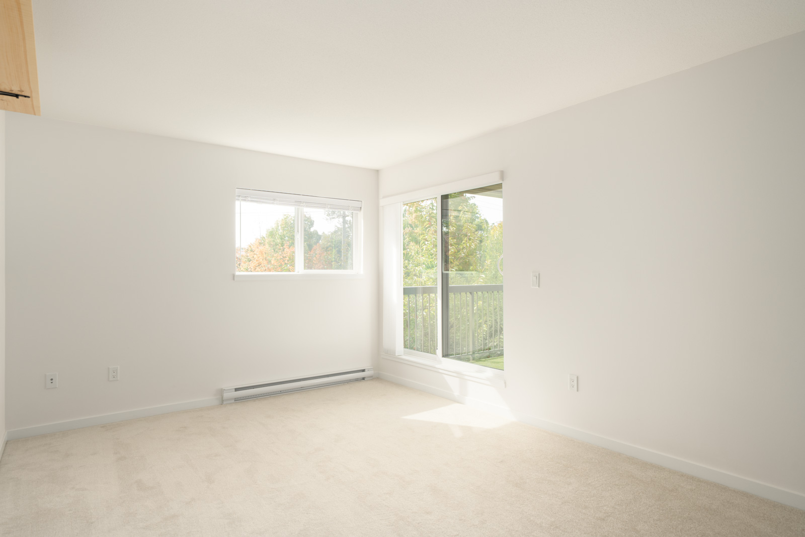 Empty, bright room with white walls, beige carpet, window, and glass door to balcony with greenery on 3rd floor in Port Coquitlam.