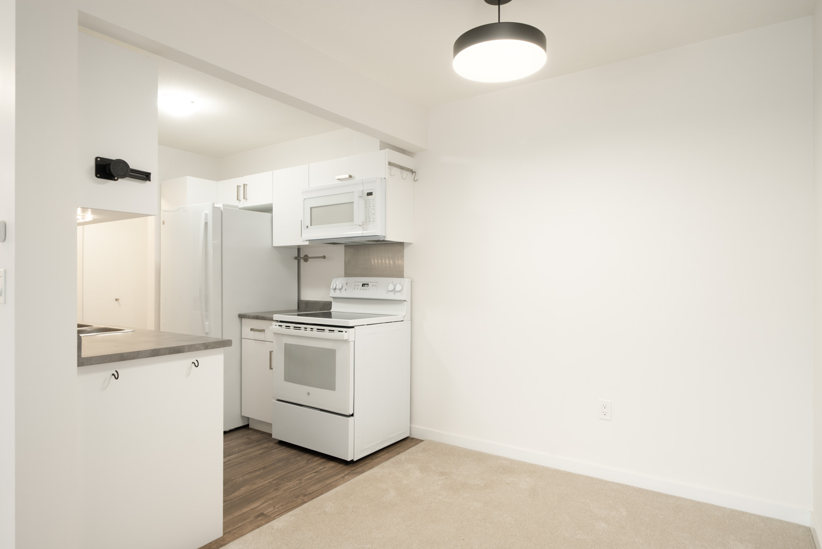 Small modern kitchen with white cabinets, appliances, and a microwave. Open layout, beige carpet, round ceiling light in Port Coquitlam.