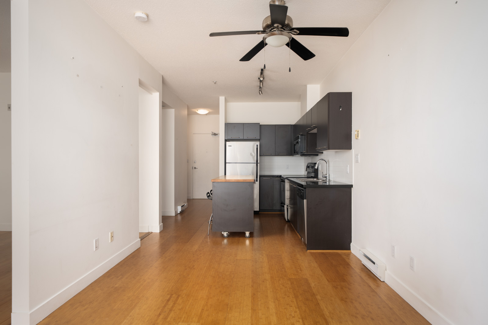 Unfurnished kitchen at 205 E 10th Ave, Vancouver, with dark cabinets, stainless appliances, wood floors, and ceiling fan.