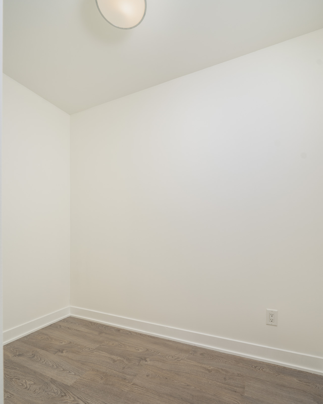 Corner of a Vancouver office featuring white walls, baseboards, and wood-look flooring.