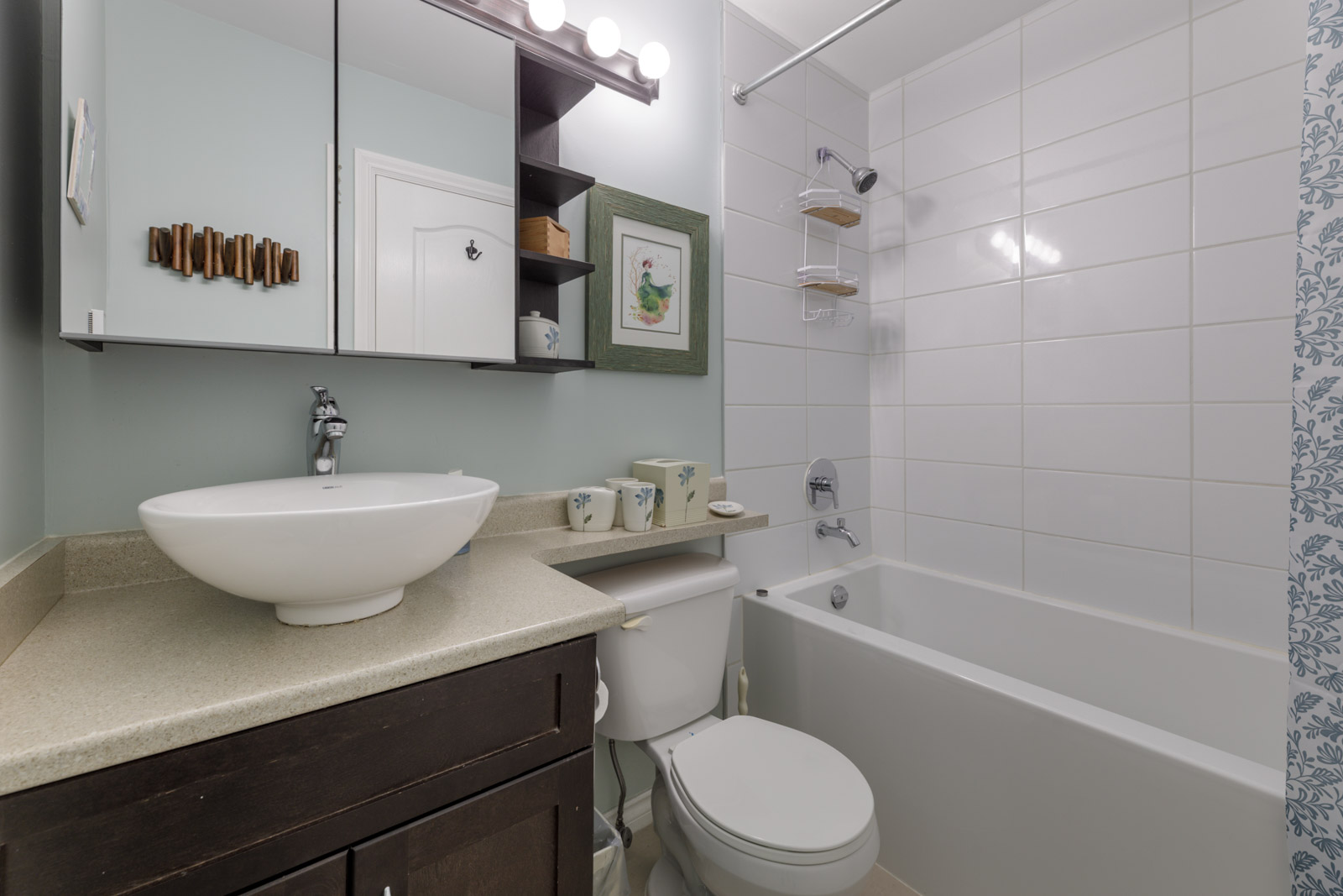 North Vancouver bathroom featuring a vessel sink, dark vanity, white toilet, tiled tub wall, mirrored cabinet, and artwork.