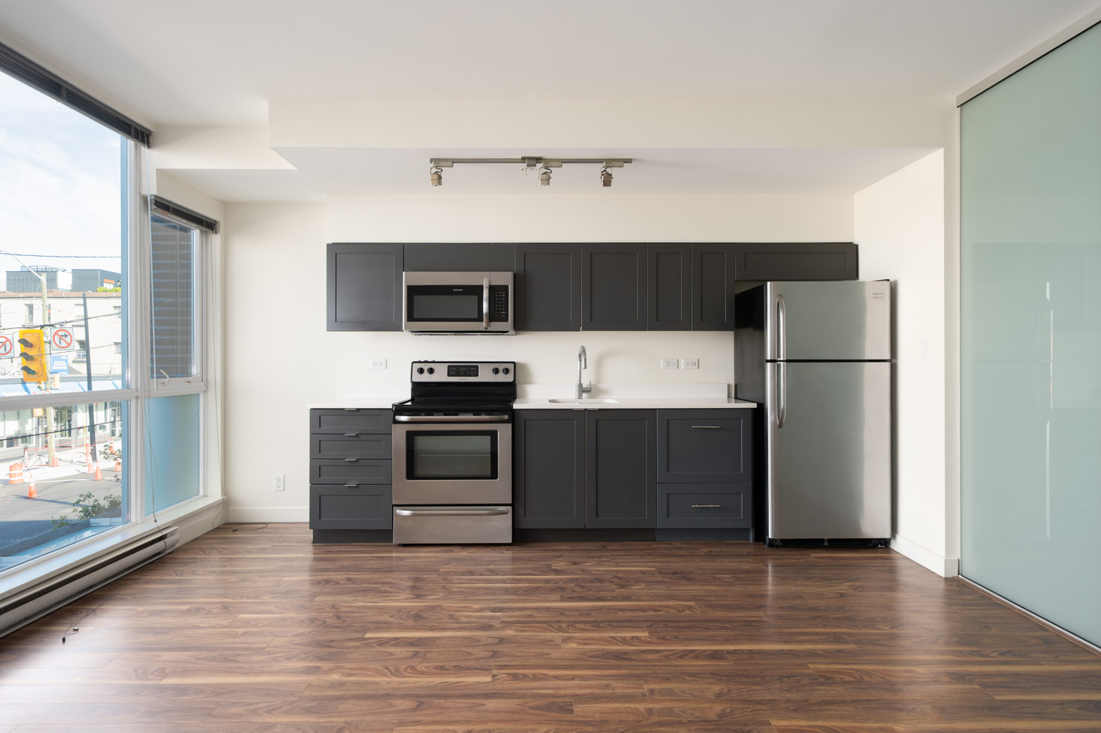 Modern kitchen with dark cabinets, stainless steel appliances, and wood flooring by floor-to-ceiling windows in Vancouver.