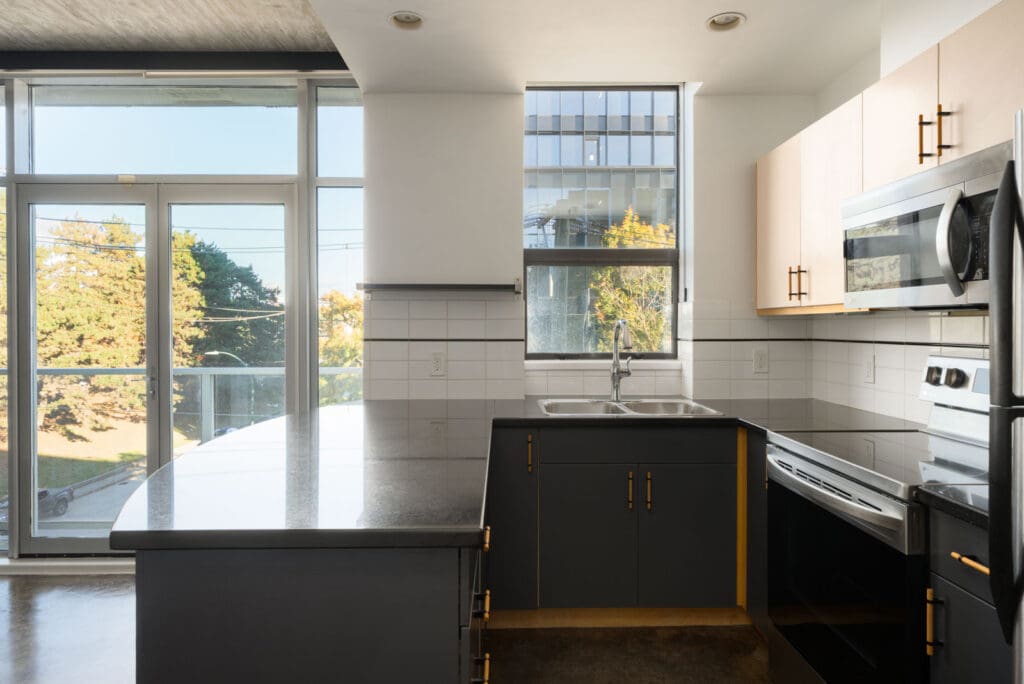 Modern kitchen with dark gray cabinets, black counters, and stainless appliances at 919 Station Street, Vancouver.